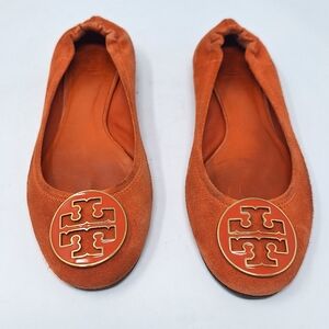 Tory Burch Suede Orange Round Toe Elastic Heel Flats